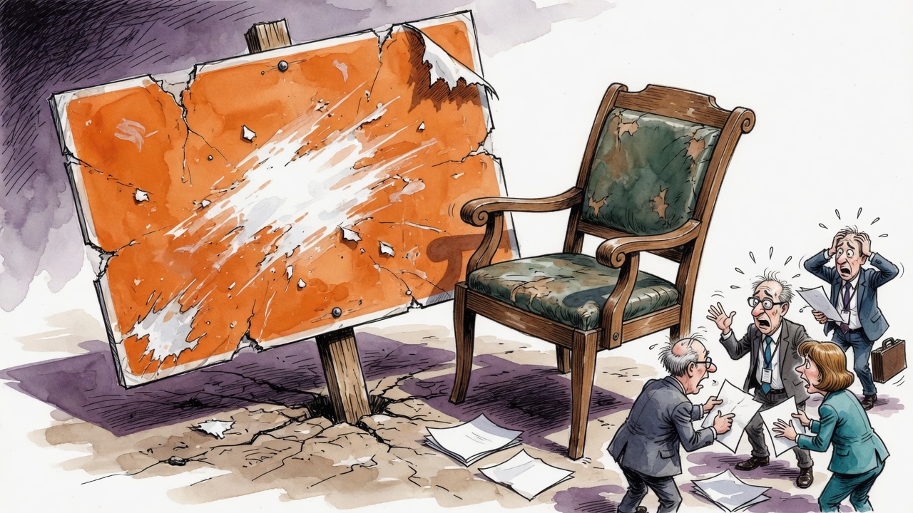 Editorial cartoon of a blank orange party sign beside an empty broken leadership chair