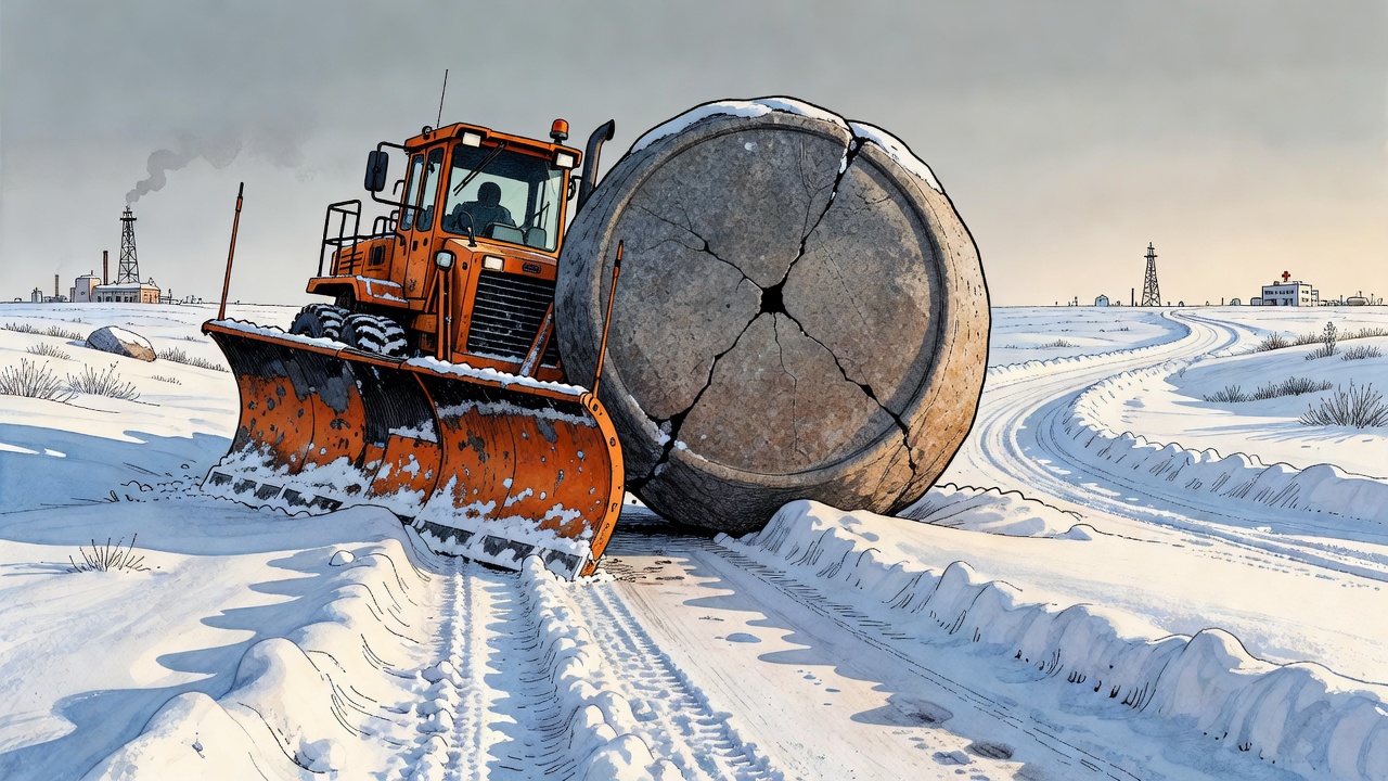 Editorial cartoon of an orange snowplow stuck on a Northern B.C. road blocked by a fiscal boulder