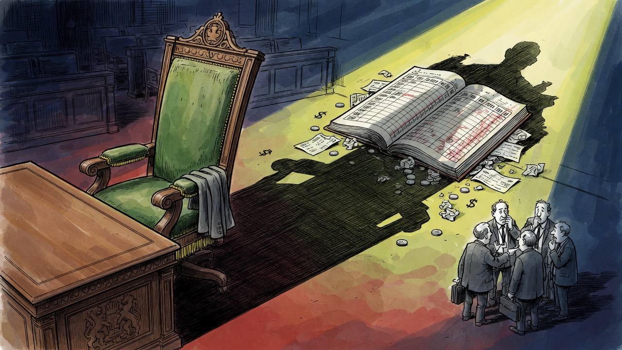Editorial cartoon of an empty premier chair casting the shadow of an overflowing taxpayer ledger
