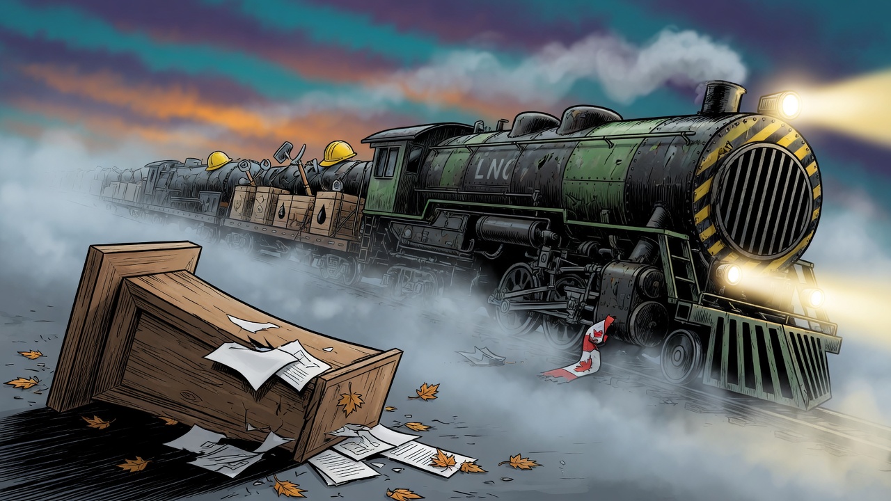 Editorial cartoon of a toppled election podium behind an LNG investment engine pulling job tools out of fog