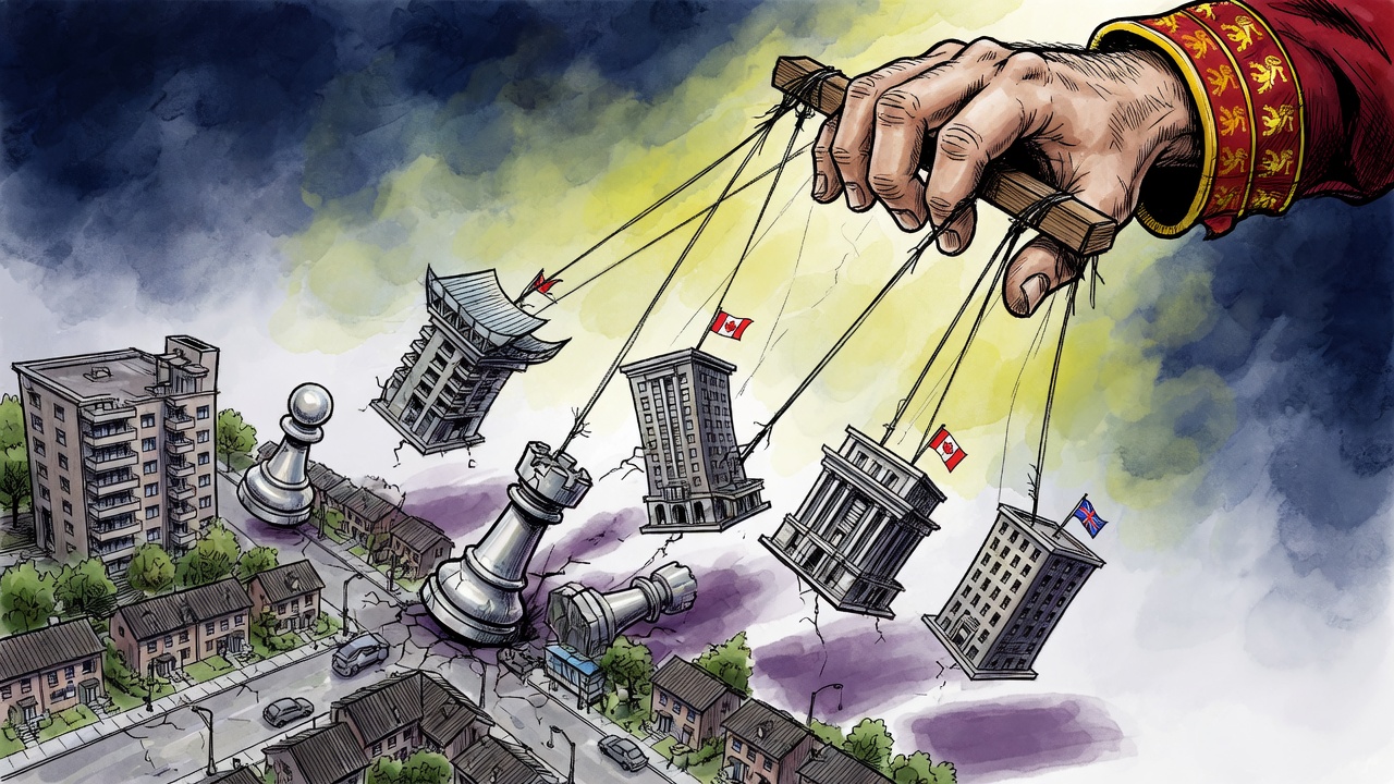Editorial cartoon of a giant provincial hand pulling strings attached to small city halls while oversized apartment blocks loom over neighbourhood streets