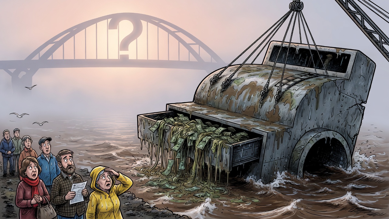 Editorial cartoon of a huge tunnel-shaped money machine being pulled from a muddy river while taxpayers watch from shore
