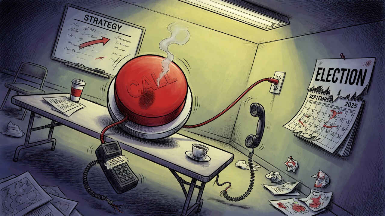 Editorial cartoon of an empty NDP campaign war room with a giant election-call button and an unplugged caution phone
