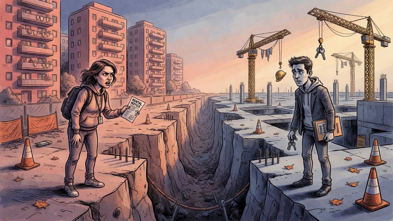 Editorial cartoon of a renter and a young buyer separated by a canyon between rental towers and stalled condo cranes