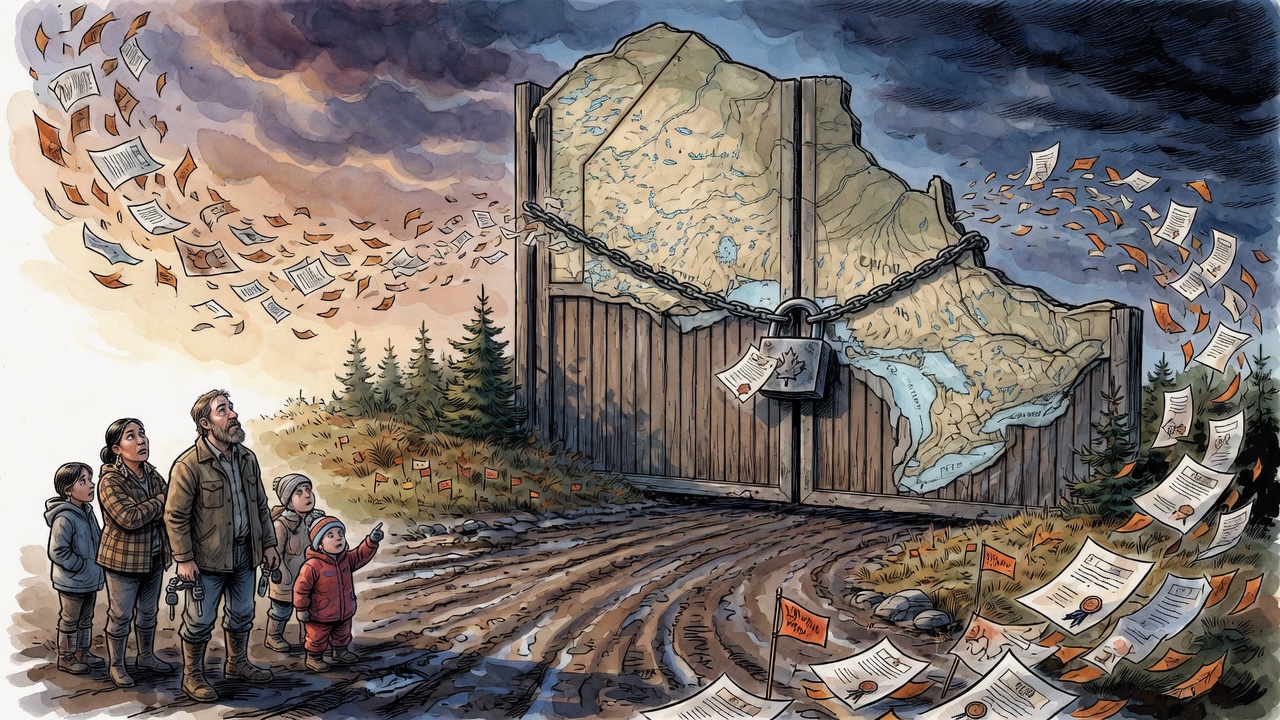 Editorial cartoon of a padlocked map-shaped gate blocking a northern public road as survey stakes and papers swirl