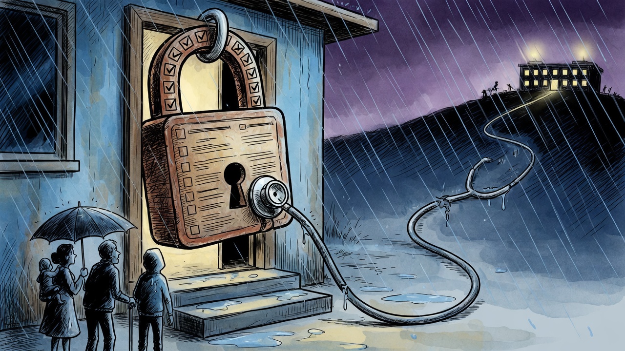 Editorial cartoon of a rural emergency doorway clamped shut by a giant staffing-schedule padlock while families look toward distant hospital lights in the rain