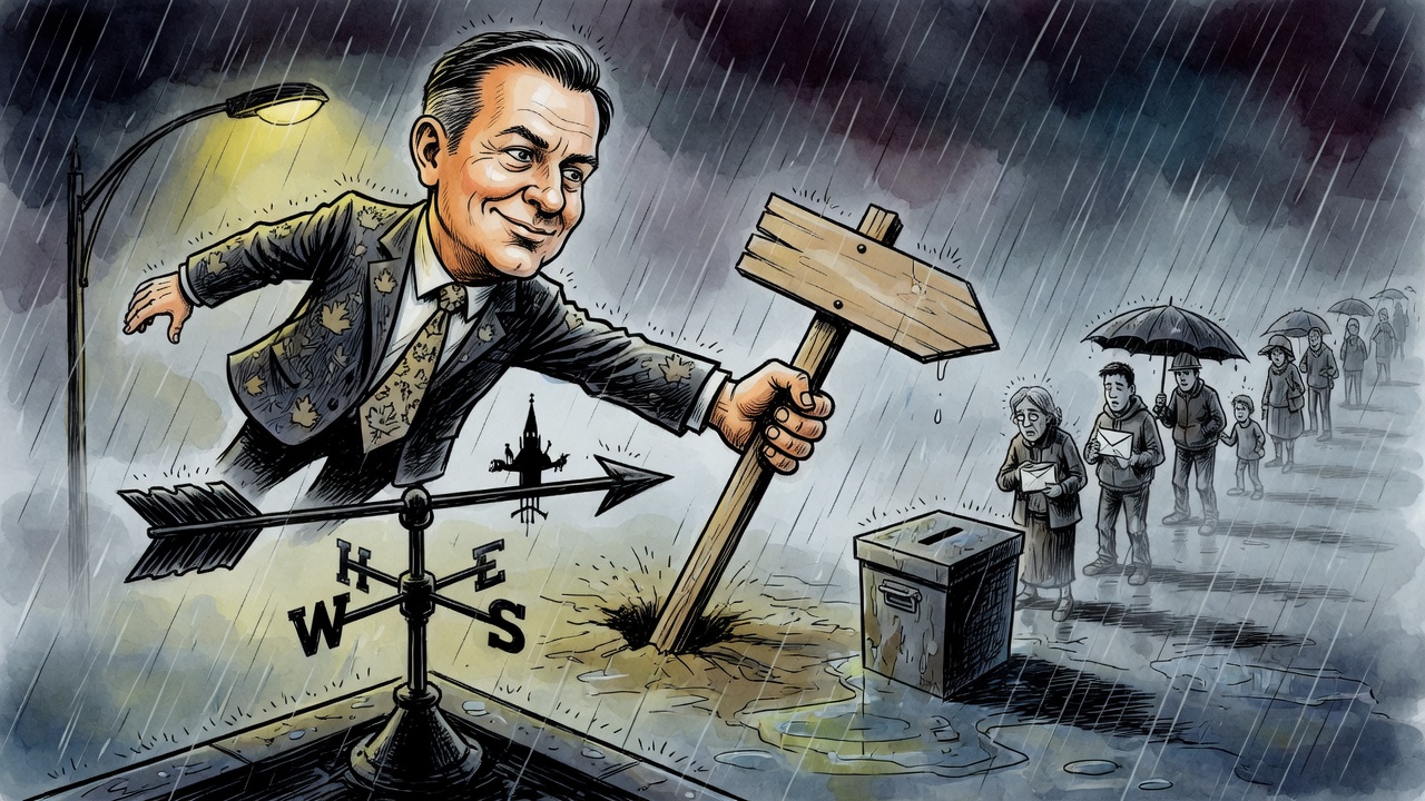 Editorial cartoon of a politician-shaped weather vane pulling a polling-place sign away from a long rainy line of voters